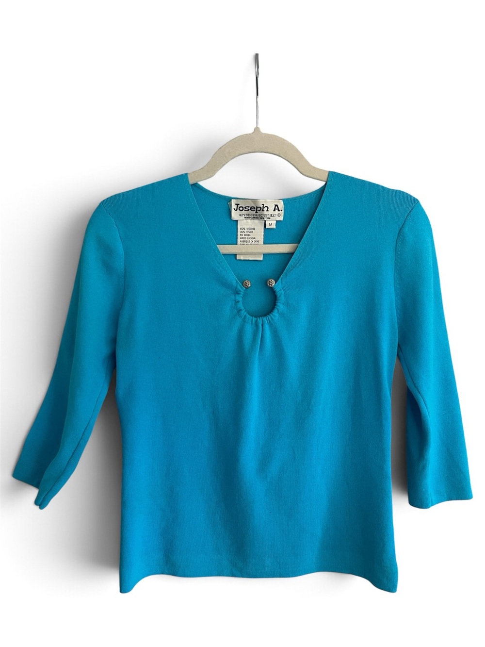 Joseph A Turquoise Teal Blue Knit Top M Long Sleeve Ruched Neck Button Detail